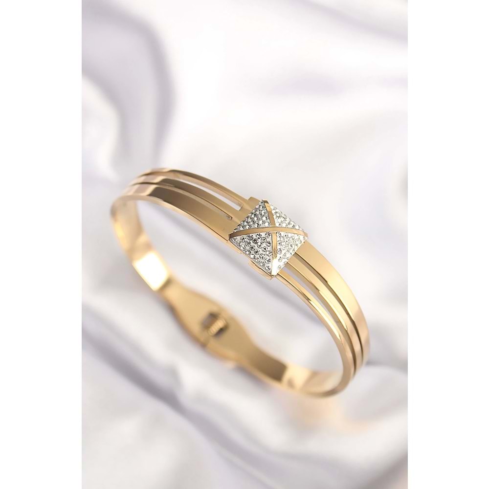 316L Çelik Zirkon Taşlı Gold Renk Kadın Kelepçe Bilezik