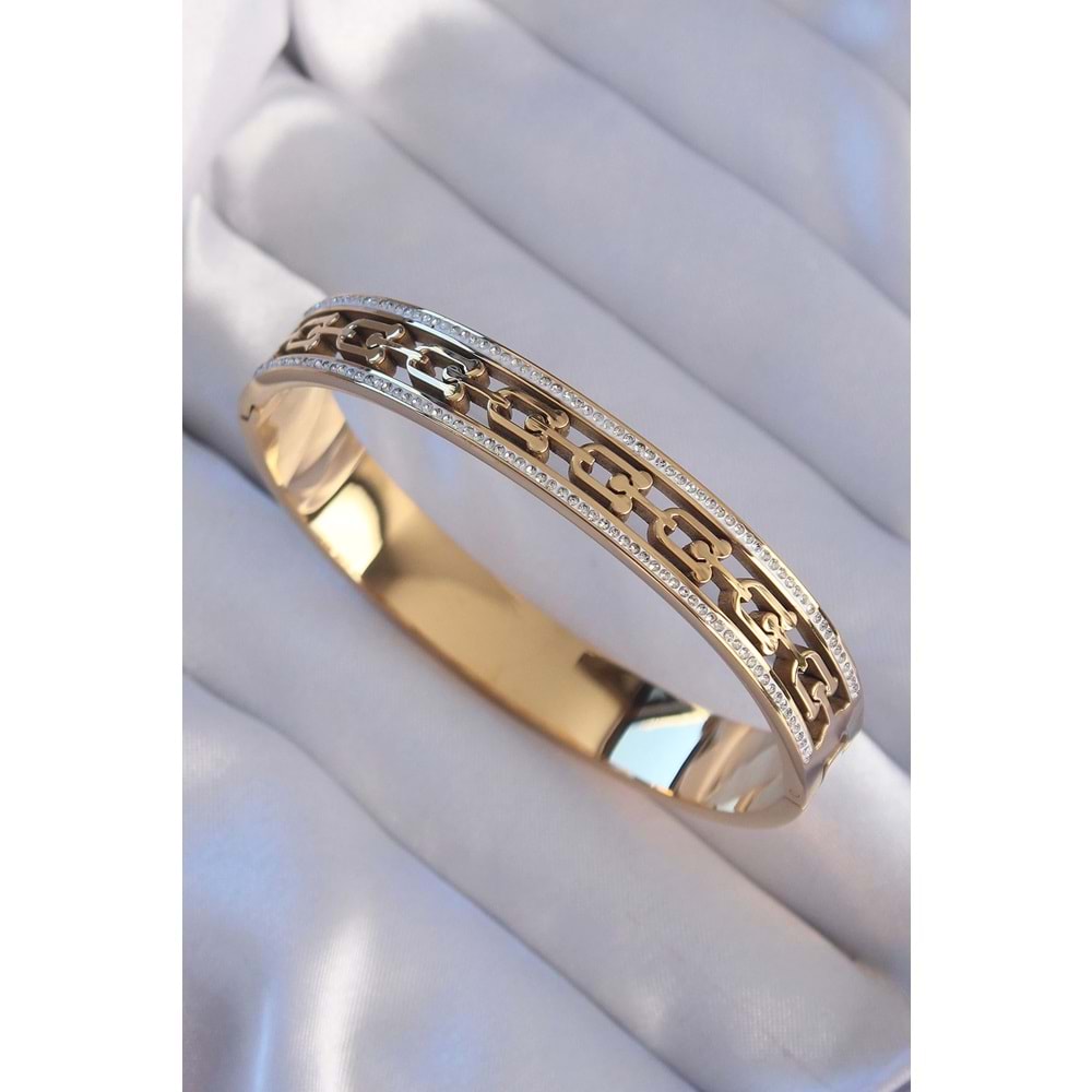316L Çelik Gold Renk Zirkon Taşlı Model Kelepçe