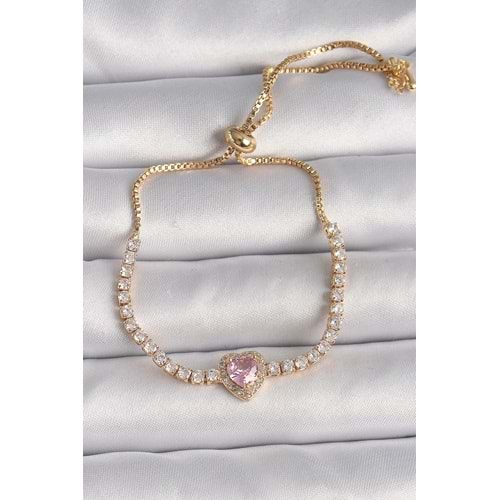 Pirinç Gold Renk Su Yolu Zirkon Taşlı Pembe Zirkon Taşlı Kalp Asansör Model Charm Kadın Bileklik