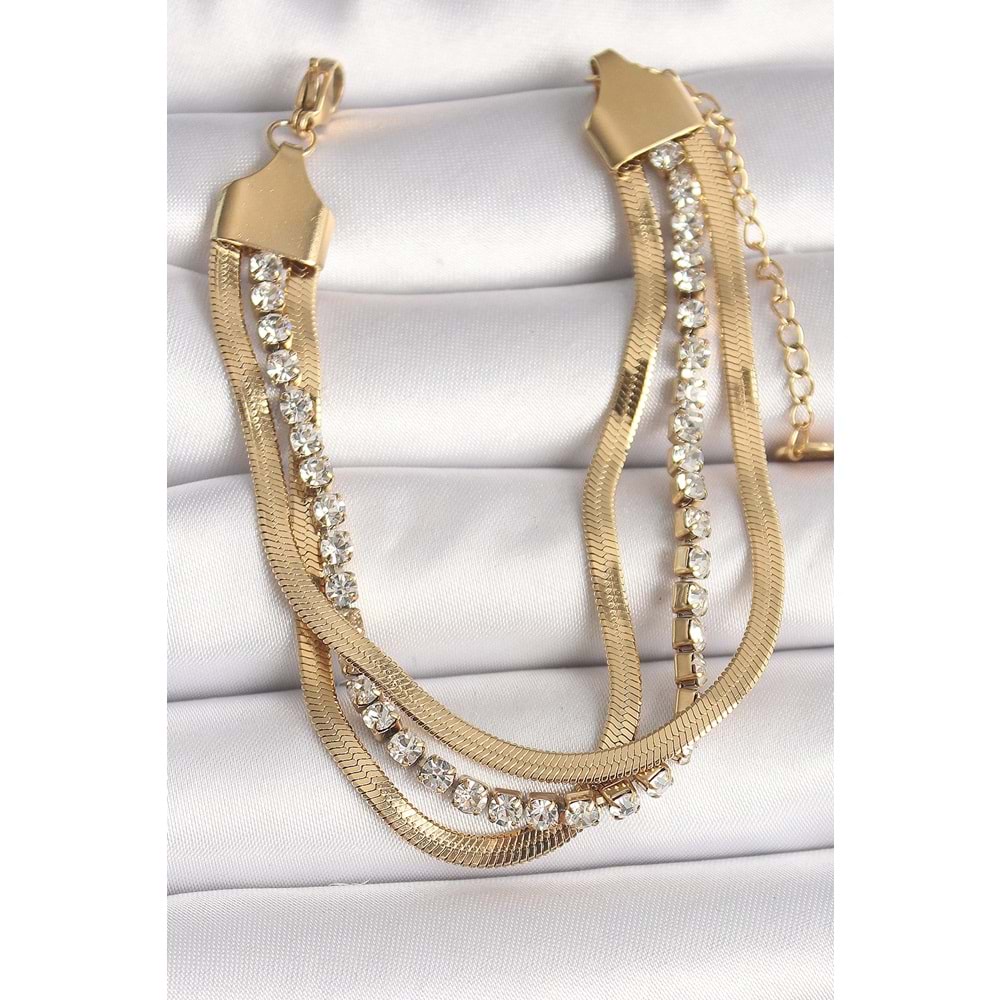 316L Çelik Gold Renk 2'Li İtalyan Zincir Model Zirkon Taşlı Kadın Bileklik