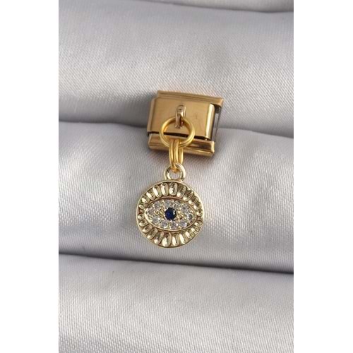 316L Çelik Gold Renk Sallantı Zirkon Taşlı Göz Model Nomination Charm