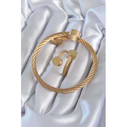 316L Çelik Gold Renk Sarmal Model Erkek Bileklik Yüzük Kombini